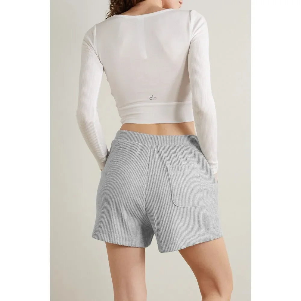 Alo Yoga Muse Ribbed High Waist Athletic Lounge Shorts Heather Gray XS